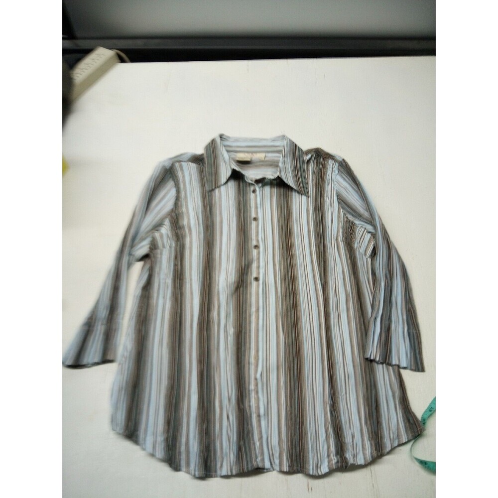 Como Vintage Woman Blue Green Striped Tunic 1X Button Up Loose Fit Shirt Top